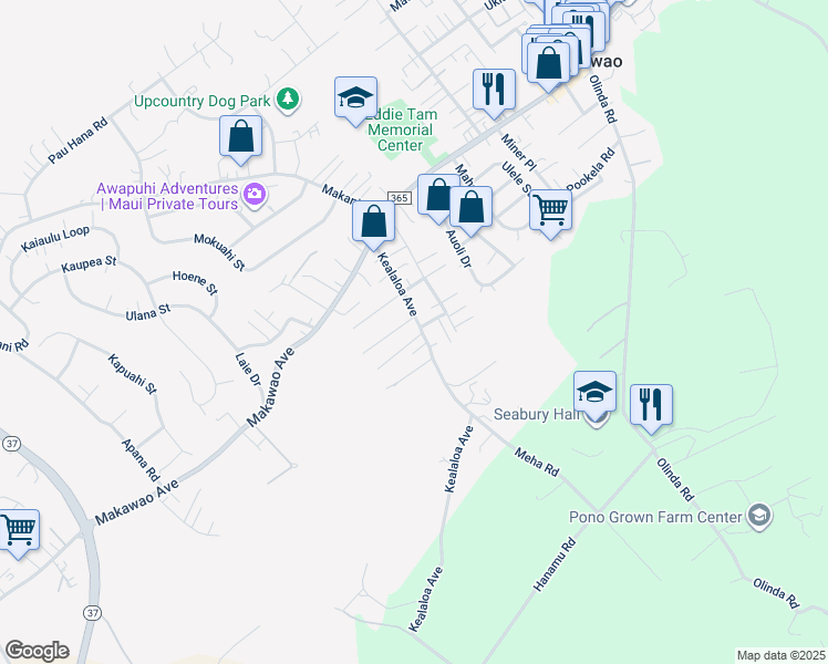 map of restaurants, bars, coffee shops, grocery stores, and more near 134 Kealaloa Avenue in Makawao