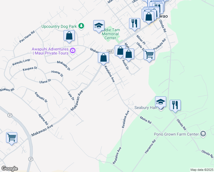map of restaurants, bars, coffee shops, grocery stores, and more near 743 Kekona Place in Makawao