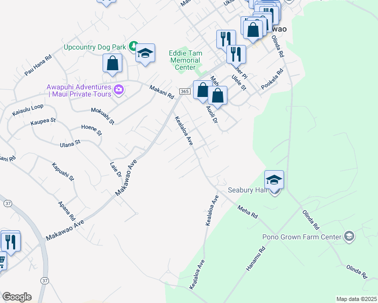 map of restaurants, bars, coffee shops, grocery stores, and more near 768 Kekona Place in Makawao