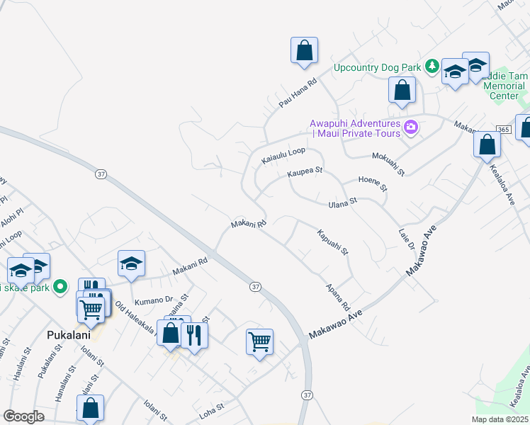 map of restaurants, bars, coffee shops, grocery stores, and more near Makani Road in Makawao