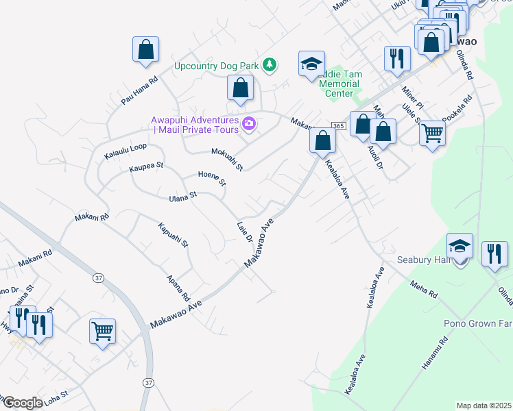 map of restaurants, bars, coffee shops, grocery stores, and more near 15 Laie Iki Place in Makawao