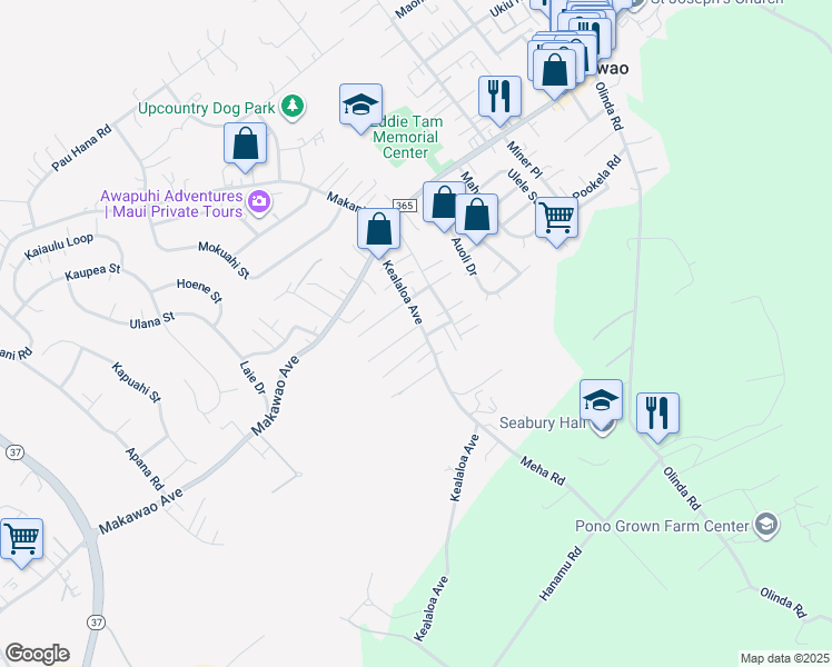 map of restaurants, bars, coffee shops, grocery stores, and more near 776 Kekona Place in Makawao