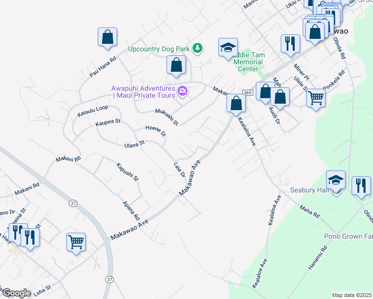 map of restaurants, bars, coffee shops, grocery stores, and more near 21 Laie Iki Place in Makawao