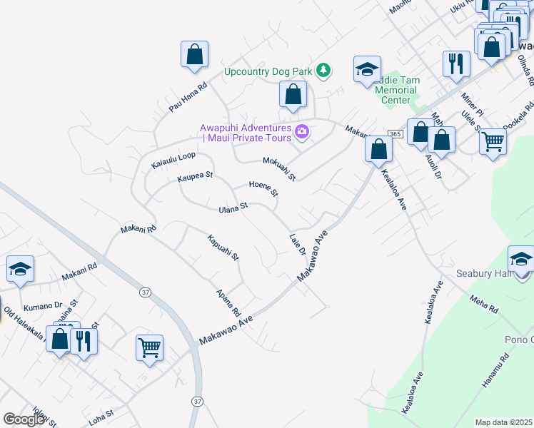 map of restaurants, bars, coffee shops, grocery stores, and more near 61 Ulana Street in Makawao