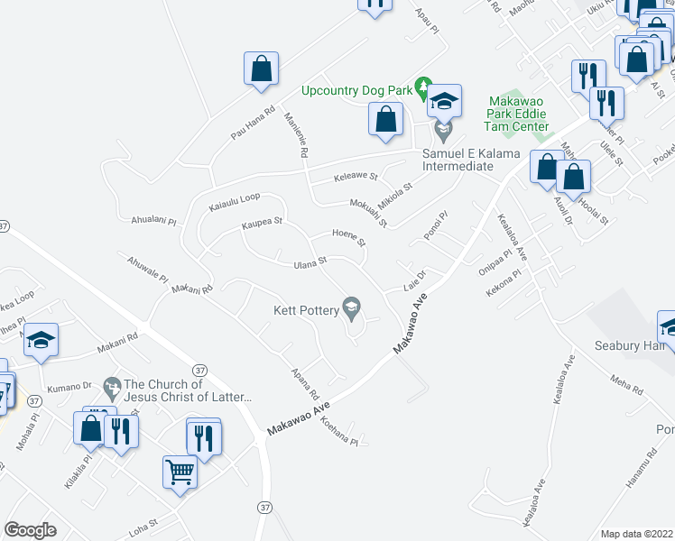 map of restaurants, bars, coffee shops, grocery stores, and more near 85 Ulana Street in Makawao