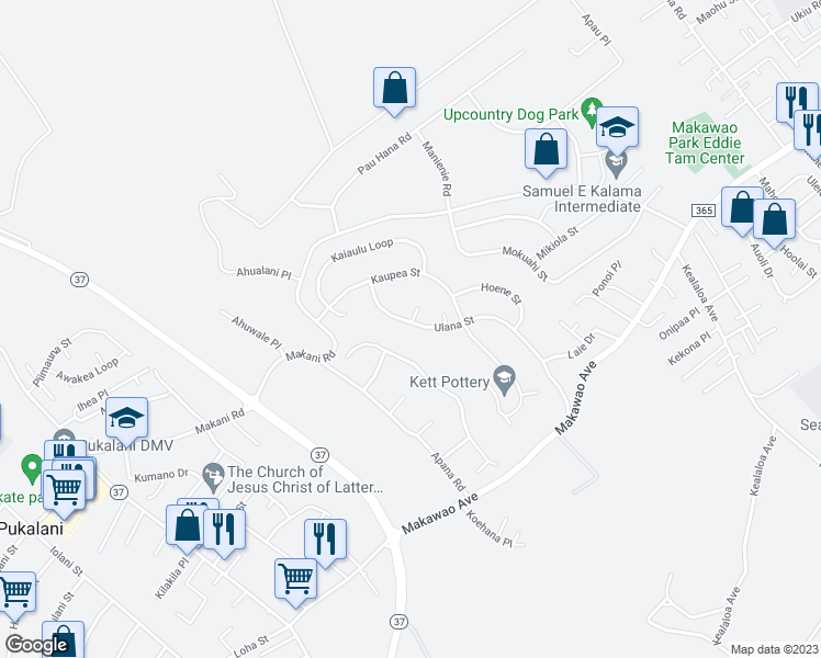 map of restaurants, bars, coffee shops, grocery stores, and more near 205 Ulana Street in Makawao