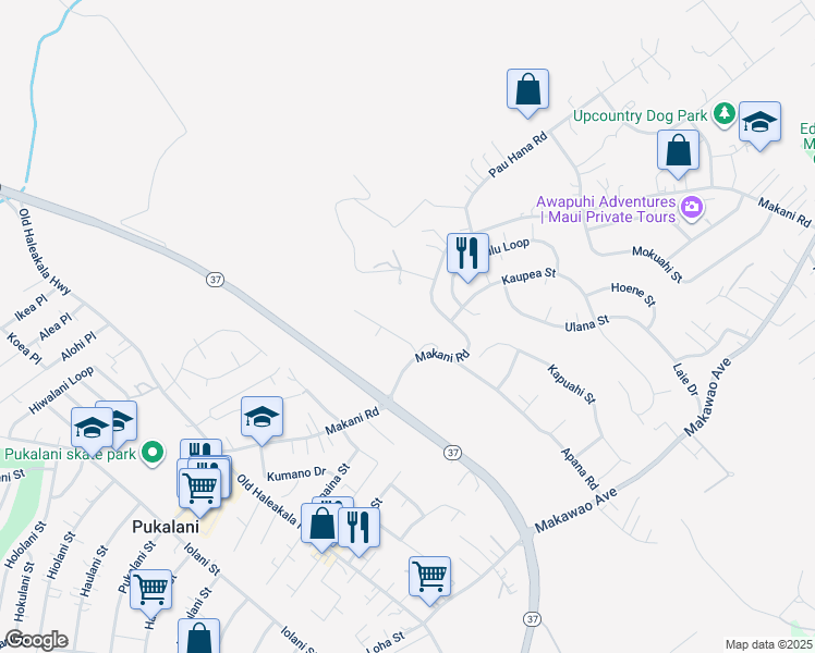 map of restaurants, bars, coffee shops, grocery stores, and more near 50 Ahuwale Place in Makawao