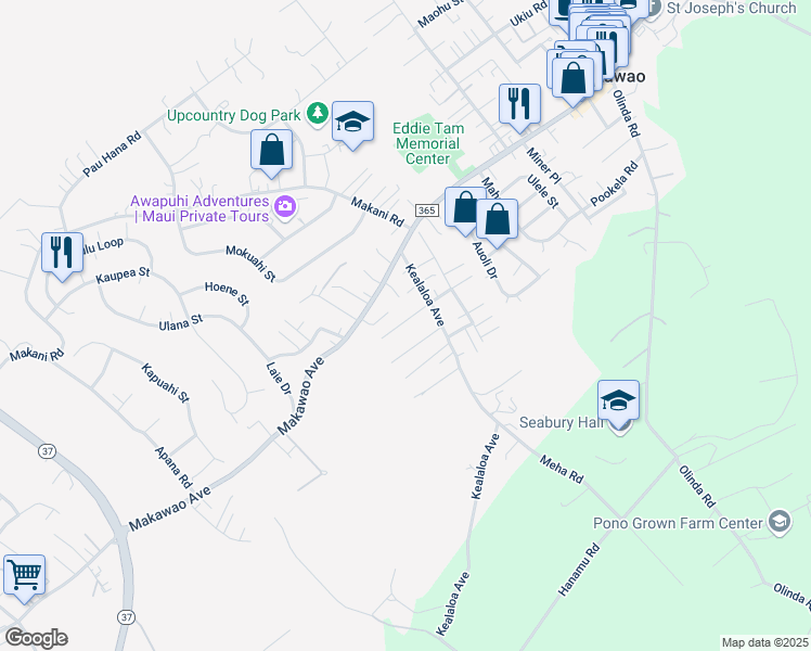 map of restaurants, bars, coffee shops, grocery stores, and more near 743 Kekona Place in Makawao