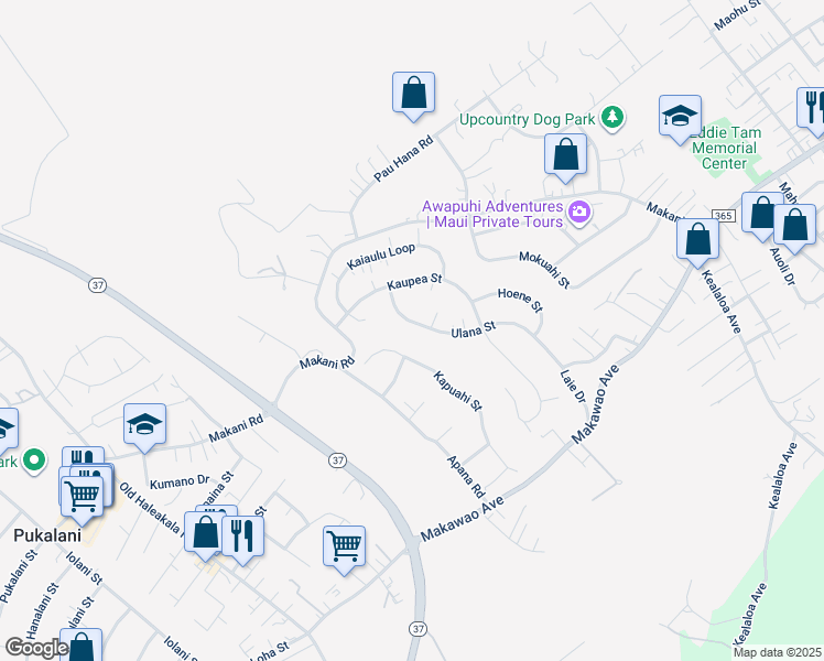 map of restaurants, bars, coffee shops, grocery stores, and more near 223 Ulana Street in Makawao