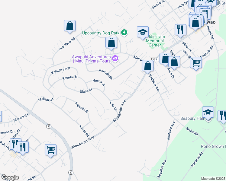 map of restaurants, bars, coffee shops, grocery stores, and more near 45 Laie Iki Place in Makawao