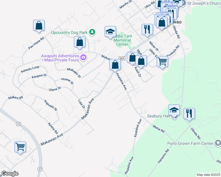 map of restaurants, bars, coffee shops, grocery stores, and more near 36 Alana Place in Makawao