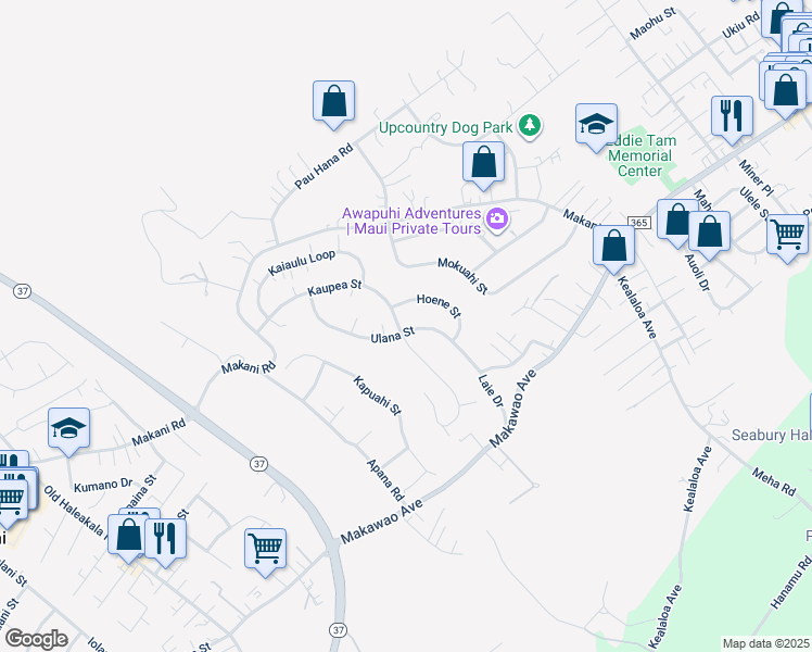 map of restaurants, bars, coffee shops, grocery stores, and more near 104 Ulana Street in Makawao