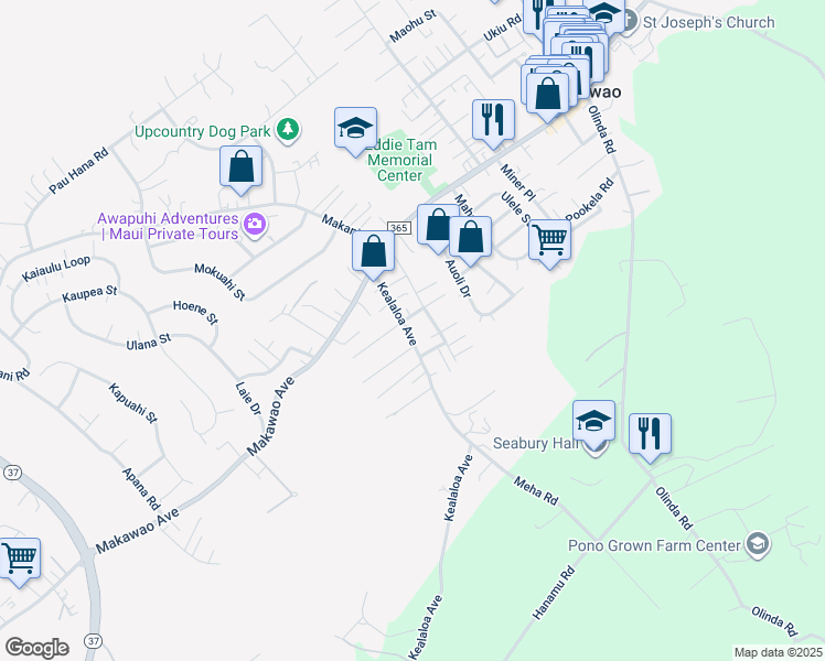 map of restaurants, bars, coffee shops, grocery stores, and more near 93 Kealaloa Avenue in Makawao