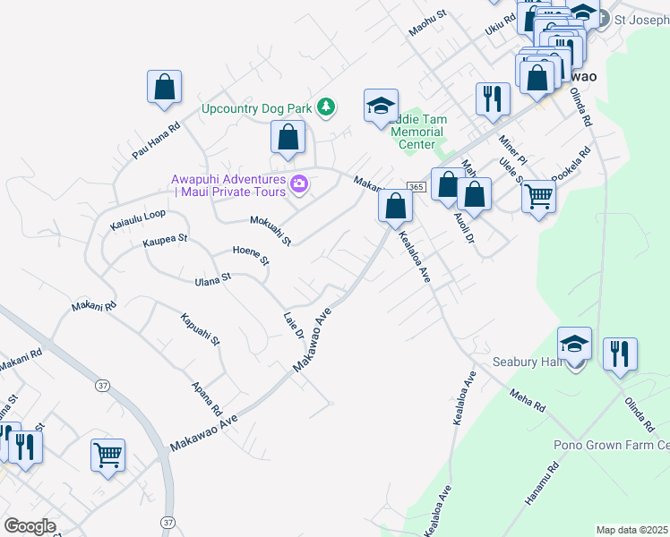 map of restaurants, bars, coffee shops, grocery stores, and more near 43 Makalani Place in Makawao