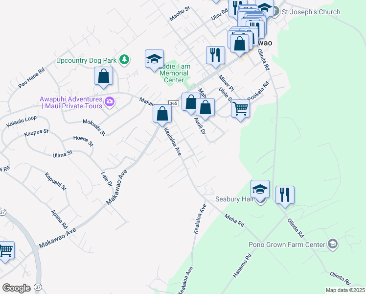 map of restaurants, bars, coffee shops, grocery stores, and more near 95 Kealaloa Avenue in Makawao