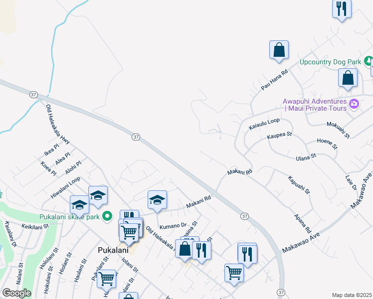 map of restaurants, bars, coffee shops, grocery stores, and more near 131 Ahuwale Place in Makawao
