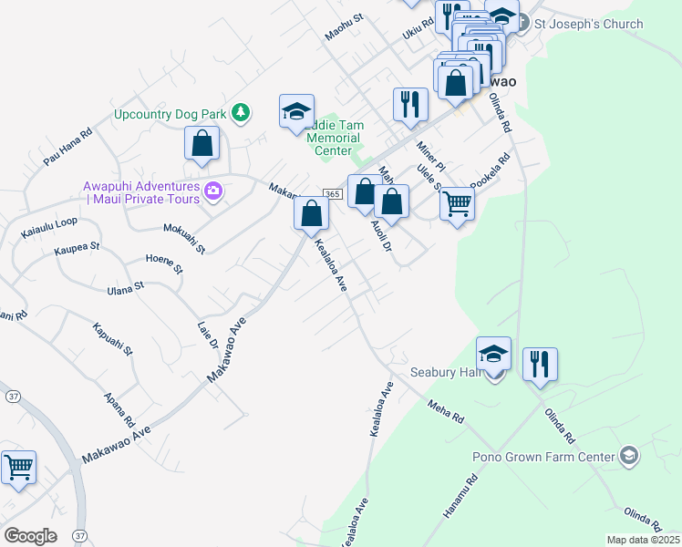 map of restaurants, bars, coffee shops, grocery stores, and more near 81 Kealaloa Avenue in Makawao