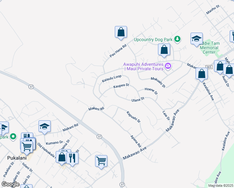 map of restaurants, bars, coffee shops, grocery stores, and more near 250 Ulana Street in Makawao