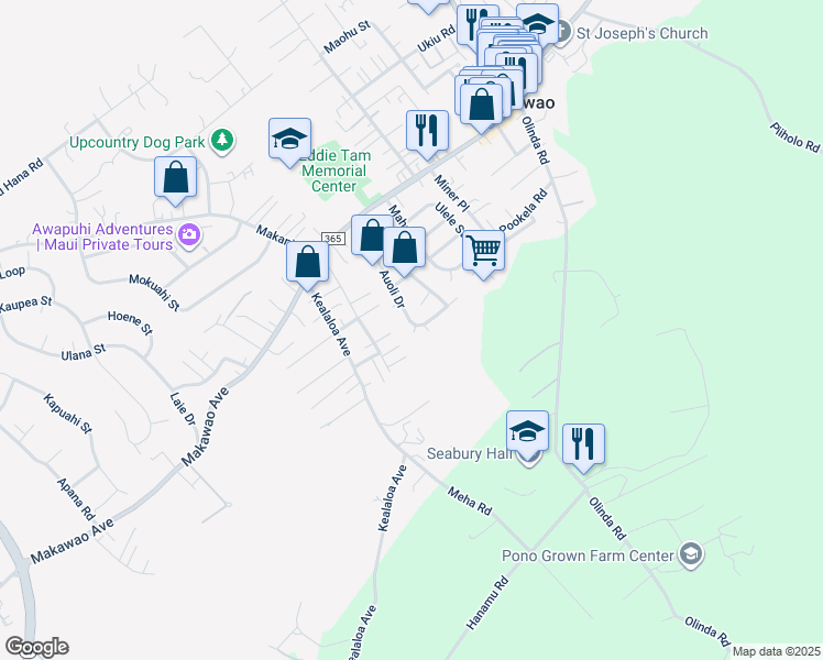 map of restaurants, bars, coffee shops, grocery stores, and more near 6 Kuhina Place in Makawao