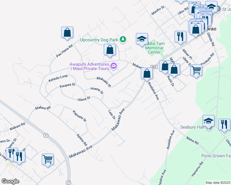 map of restaurants, bars, coffee shops, grocery stores, and more near 92 Makalani Place in Makawao
