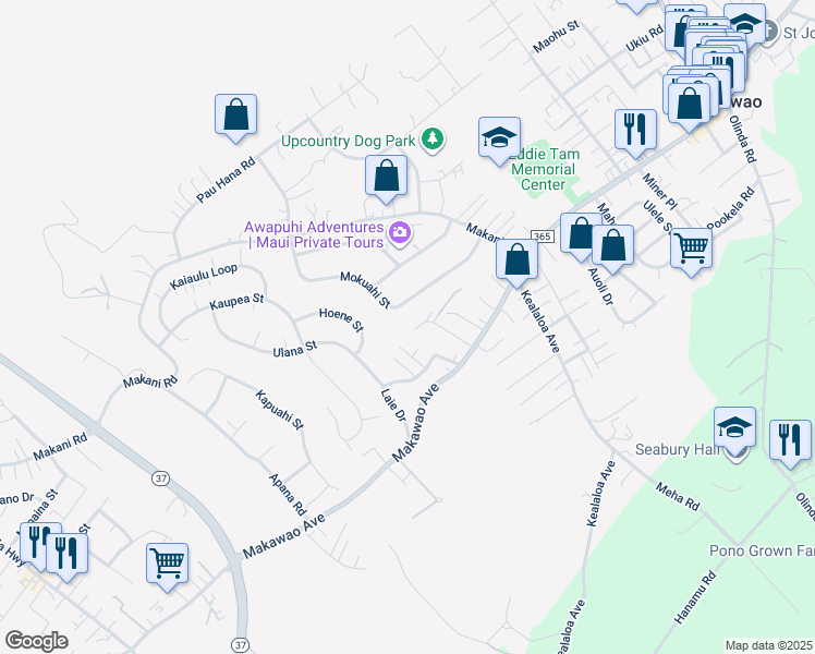 map of restaurants, bars, coffee shops, grocery stores, and more near 92 Makalani Place in Makawao