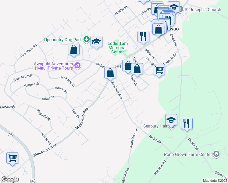 map of restaurants, bars, coffee shops, grocery stores, and more near 64 Kealaloa Avenue in Makawao