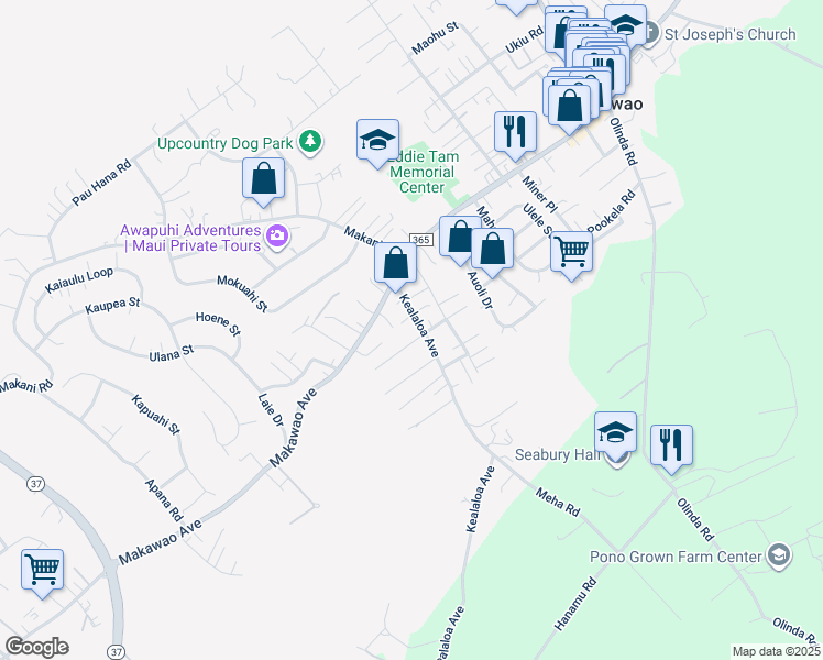 map of restaurants, bars, coffee shops, grocery stores, and more near 64 Kealaloa Avenue in Makawao