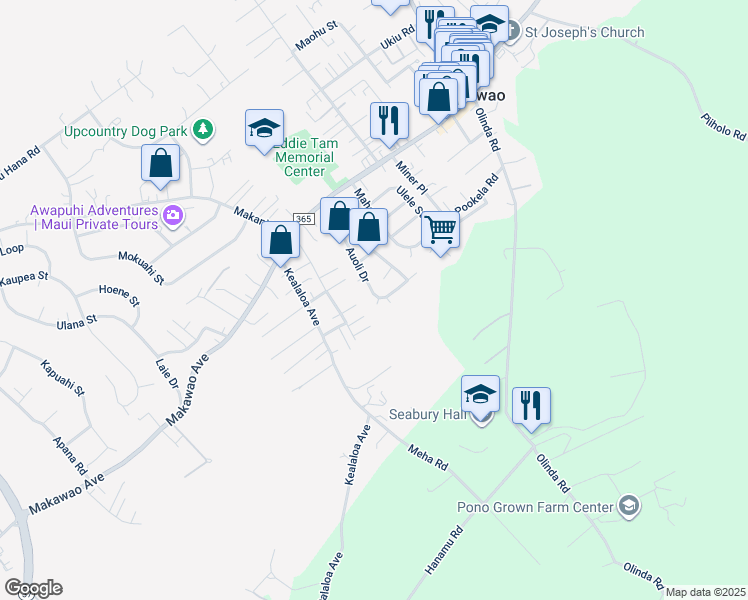 map of restaurants, bars, coffee shops, grocery stores, and more near 6 Kuhina Place in Makawao
