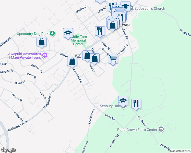 map of restaurants, bars, coffee shops, grocery stores, and more near 160 Auoli Drive in Makawao