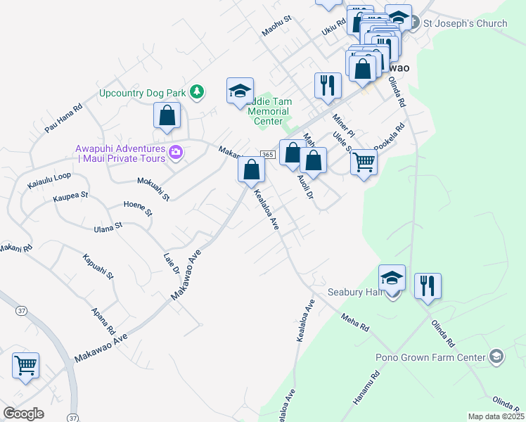 map of restaurants, bars, coffee shops, grocery stores, and more near 62 Kealaloa Avenue in Makawao