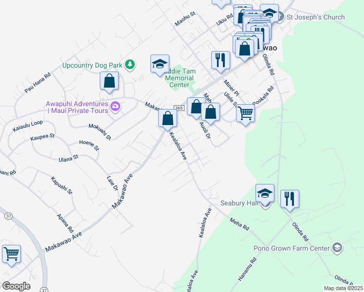 map of restaurants, bars, coffee shops, grocery stores, and more near 787 Paniolo Place in Makawao