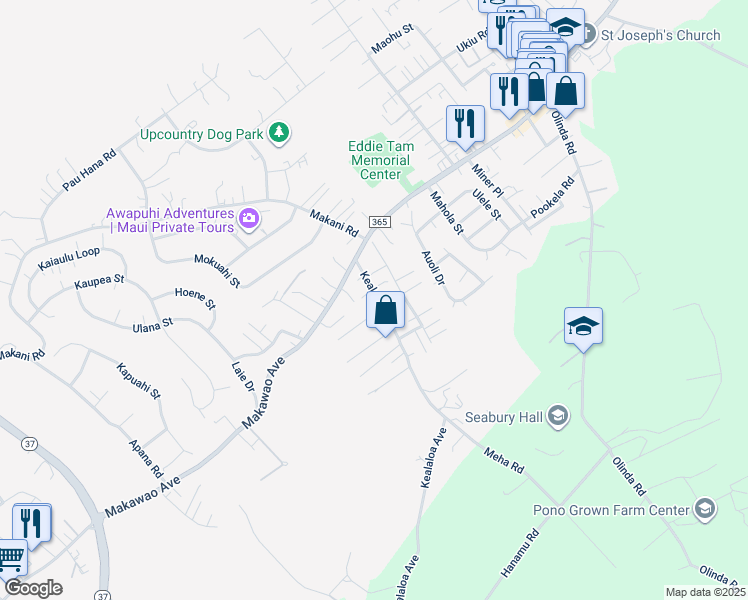 map of restaurants, bars, coffee shops, grocery stores, and more near 62 Kealaloa Avenue in Makawao
