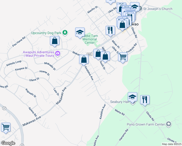 map of restaurants, bars, coffee shops, grocery stores, and more near 787 Paniolo Place in Makawao