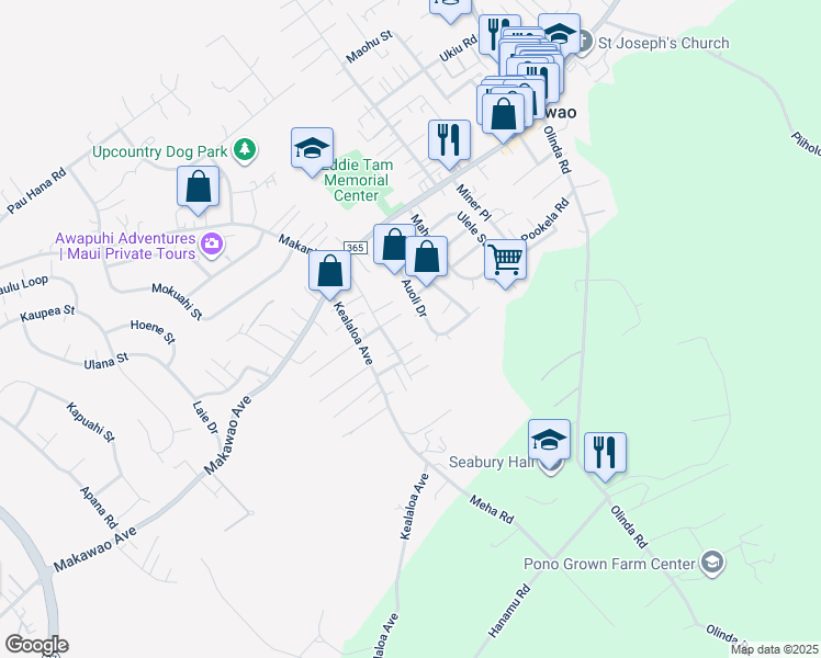 map of restaurants, bars, coffee shops, grocery stores, and more near 845 Puapana Place in Makawao