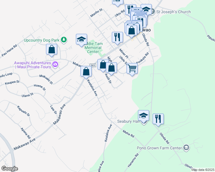 map of restaurants, bars, coffee shops, grocery stores, and more near 845 Puapana Place in Makawao