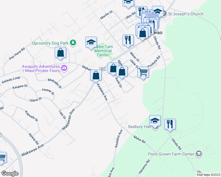 map of restaurants, bars, coffee shops, grocery stores, and more near 95 Pamakani Place in Makawao