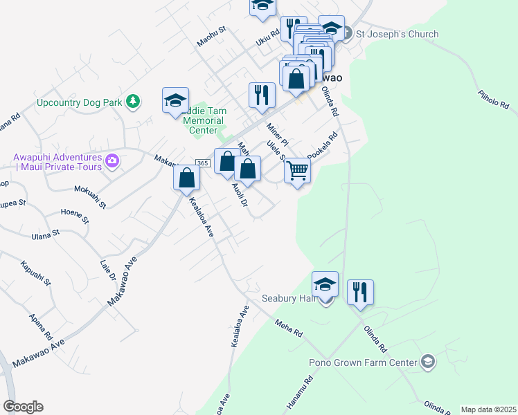 map of restaurants, bars, coffee shops, grocery stores, and more near 68 Hoolai Street in Makawao