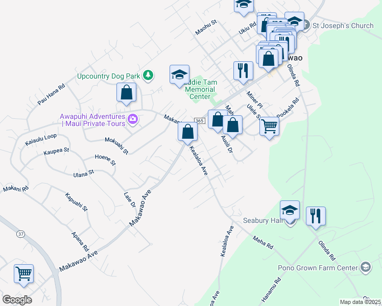 map of restaurants, bars, coffee shops, grocery stores, and more near 38 Kealaloa Avenue in Makawao