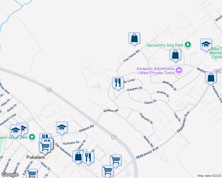map of restaurants, bars, coffee shops, grocery stores, and more near 590 Kaiaulu Loop in Makawao