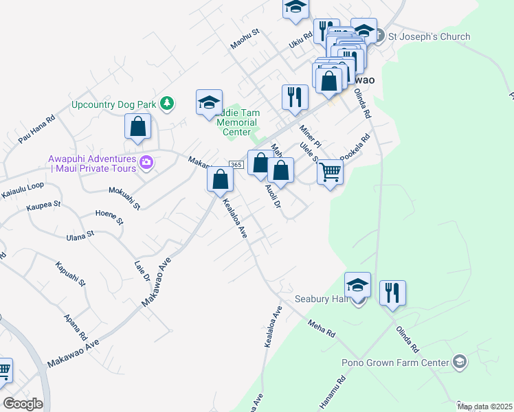 map of restaurants, bars, coffee shops, grocery stores, and more near 95 Pamakani Place in Makawao