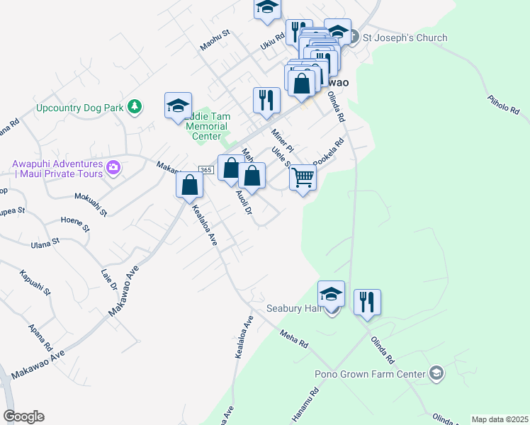 map of restaurants, bars, coffee shops, grocery stores, and more near 68 Hoolai Street in Makawao