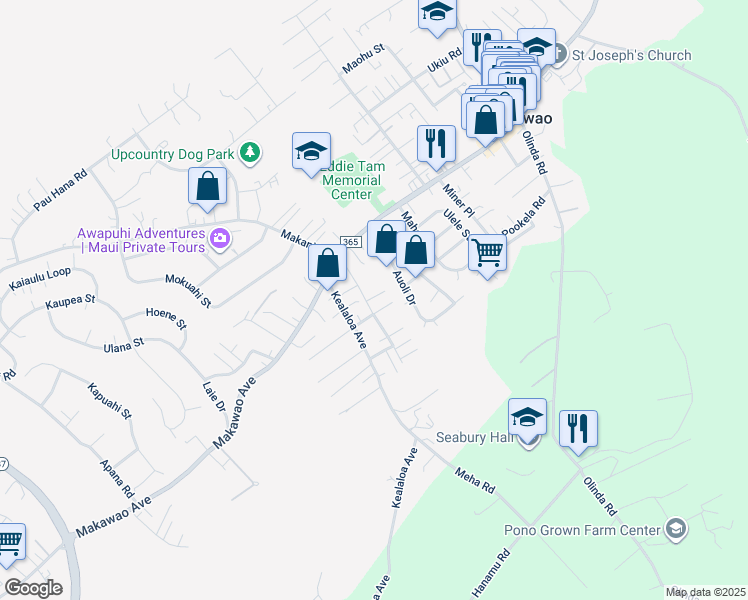 map of restaurants, bars, coffee shops, grocery stores, and more near 71 Pamakani Place in Makawao