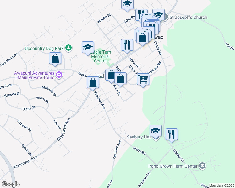 map of restaurants, bars, coffee shops, grocery stores, and more near 124 Auoli Drive in Makawao
