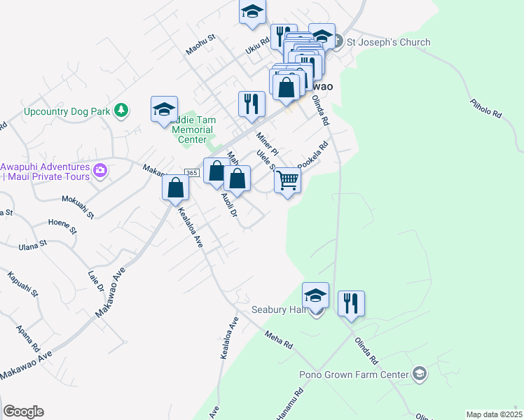 map of restaurants, bars, coffee shops, grocery stores, and more near 69 Hoolai Street in Makawao