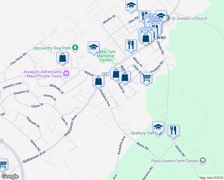 map of restaurants, bars, coffee shops, grocery stores, and more near 71 Pamakani Place in Makawao