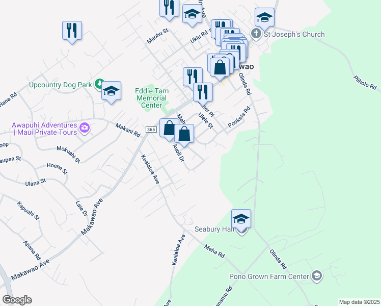 map of restaurants, bars, coffee shops, grocery stores, and more near 69 Hoolai Street in Makawao