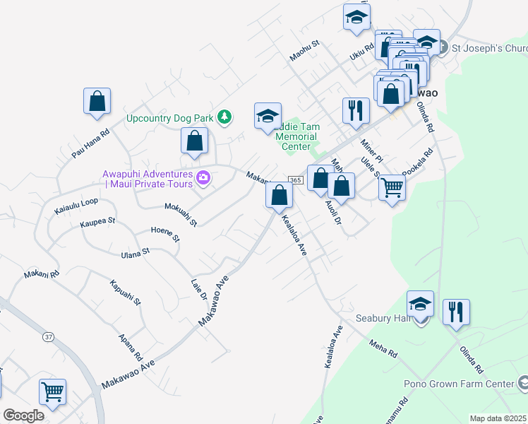 map of restaurants, bars, coffee shops, grocery stores, and more near 19 Moolelo Place in Makawao