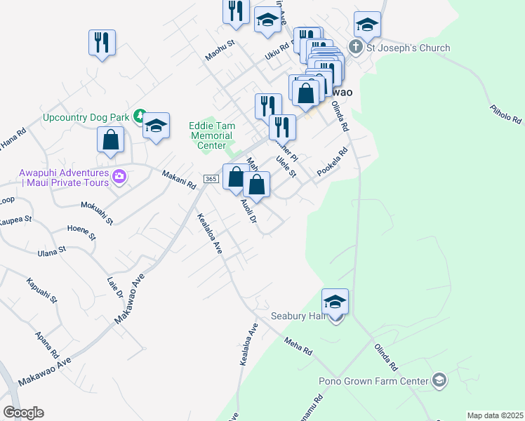 map of restaurants, bars, coffee shops, grocery stores, and more near 44 Hoolai Street in Makawao