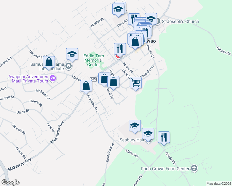 map of restaurants, bars, coffee shops, grocery stores, and more near 44 Hoolai Street in Makawao