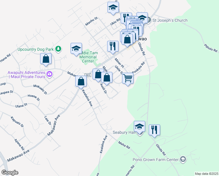 map of restaurants, bars, coffee shops, grocery stores, and more near 44 Hoolai Street in Makawao